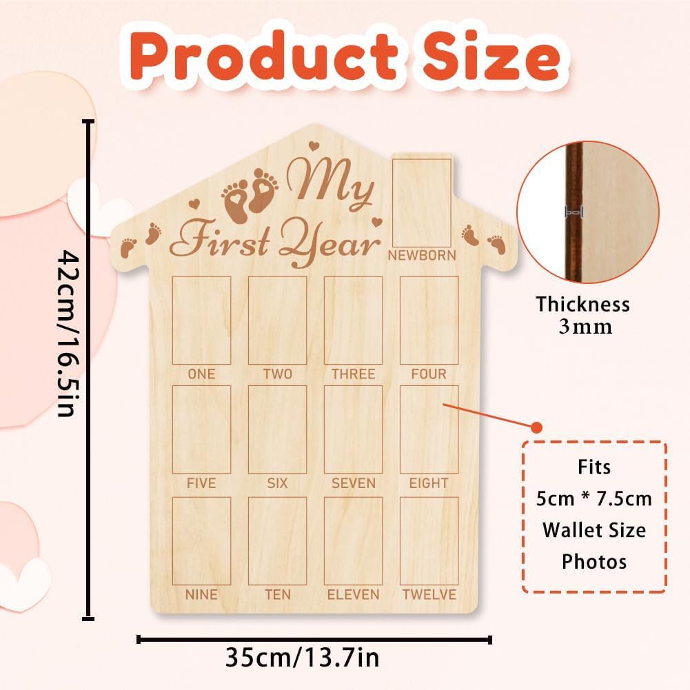 American Elm My First Year Baby Growth Photo Display Wood Board 12 Months Newborn Milestones Picture Frame - Baby Keepsake, 1st Birthday Party Nursery Decor