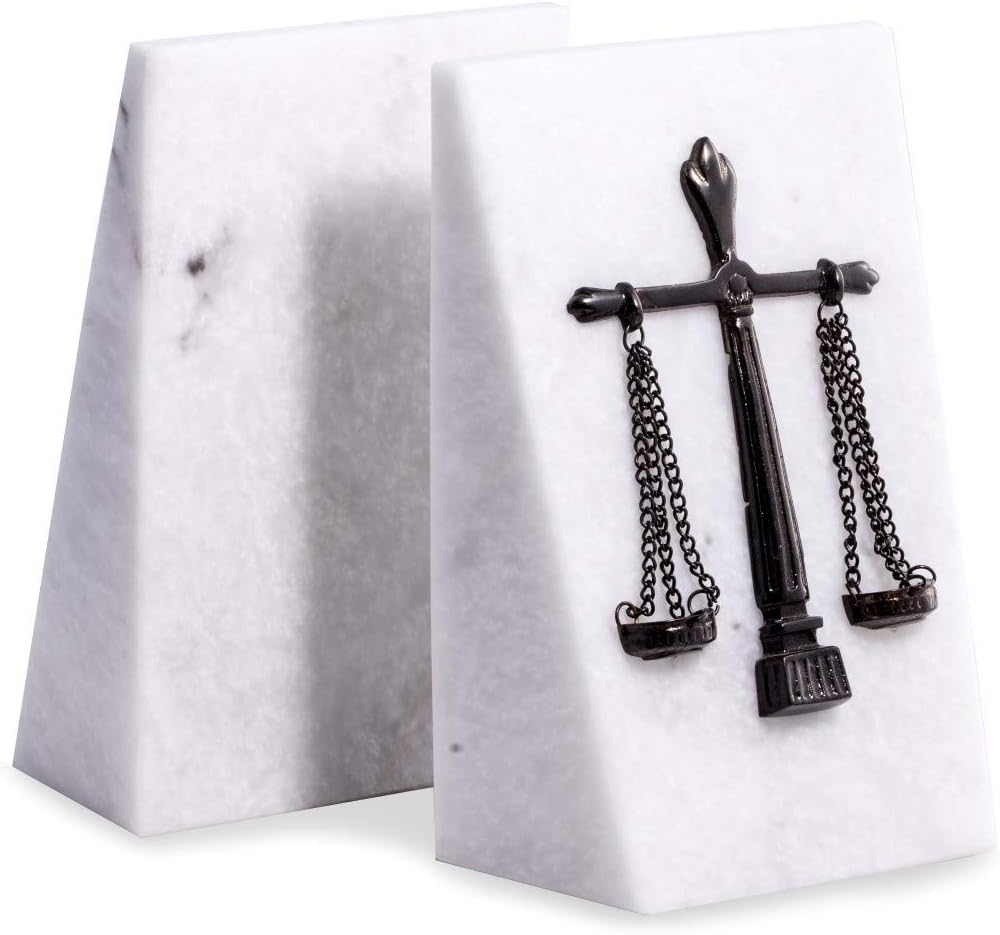 Bey-Berk Themis Marble Scales of Justice Bookends (White, Set of 2), 5" x 2.75" x 7.5" Tall Wedge Book Ends, 11.6 lb Solid Stone Legal Office Decor