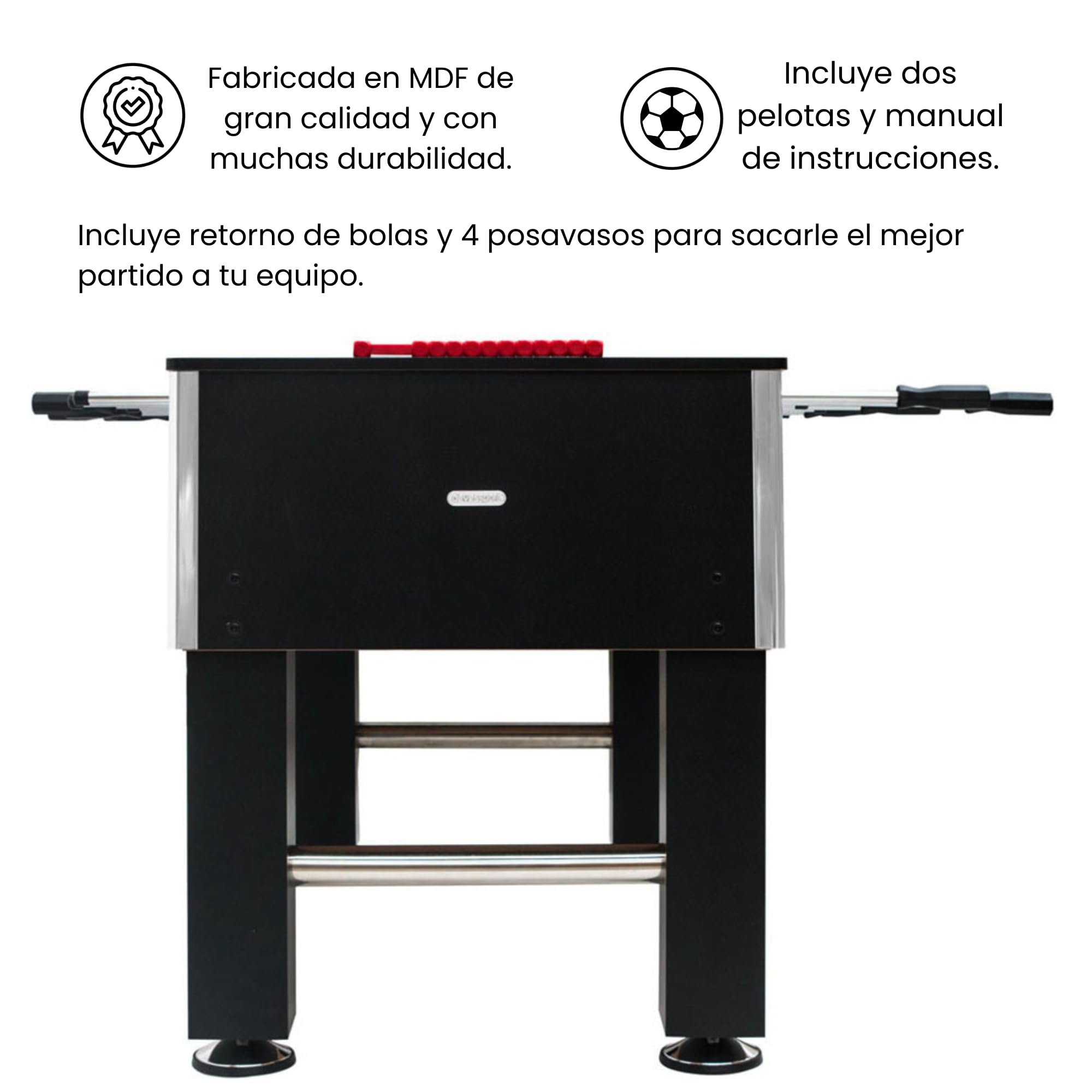 DEVESSPORT Futbolín Semi Profesional Salón Negro con Retorno de Bolas| Jugadores de Piernas Separadas + Retorno de Bolas + 2 Pelotas Incluidas | Pack Futbolín Semi Profesional con Niveladores