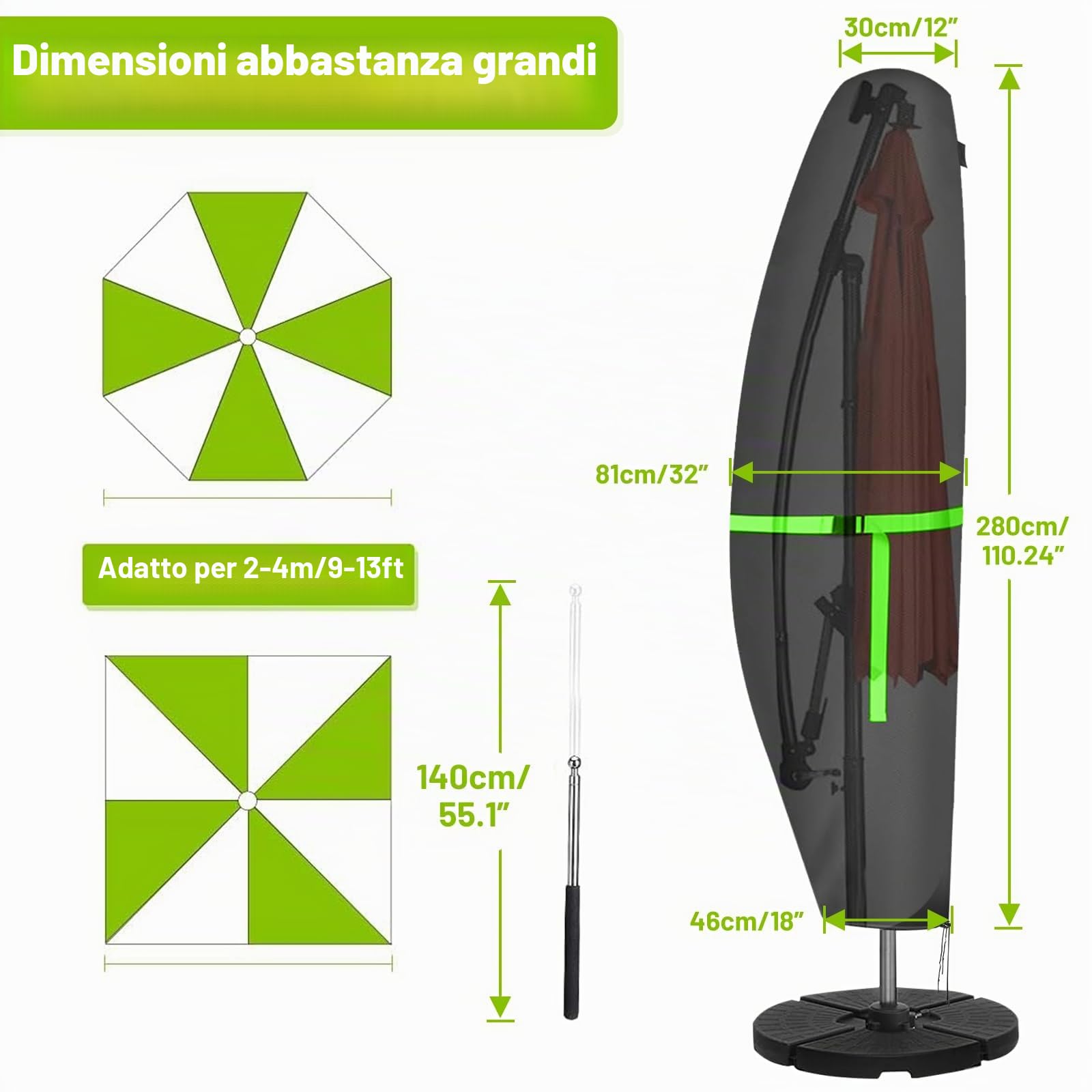 GEMITTO Copertura Protettiva per Ombrellone (Diametro 2-4 m) da Giardino Impermeabile, con Cerniera Impermeabile (280 x30/81/45cm, 420D)