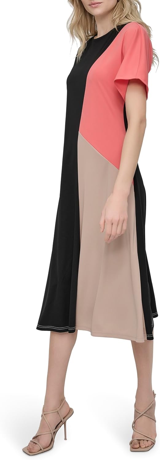 DKNY Women's Short Sleeve Jewel Neck Color Block Straight Hem Midi Dress - Image 3
