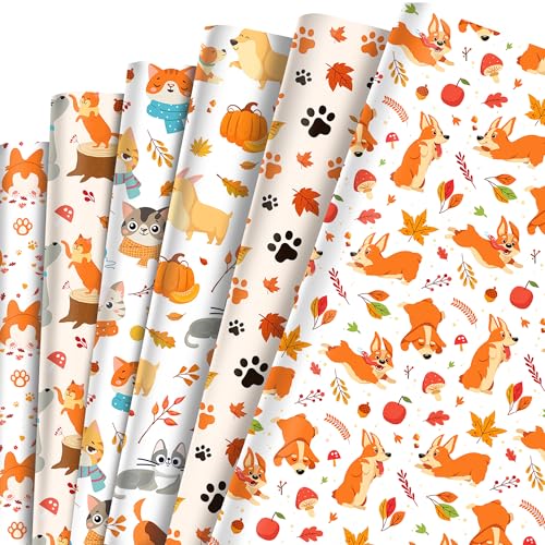 Papier cadeau d'automne HOWAF | Lot de 12 feuilles chats et chiens pour Thanksgiving