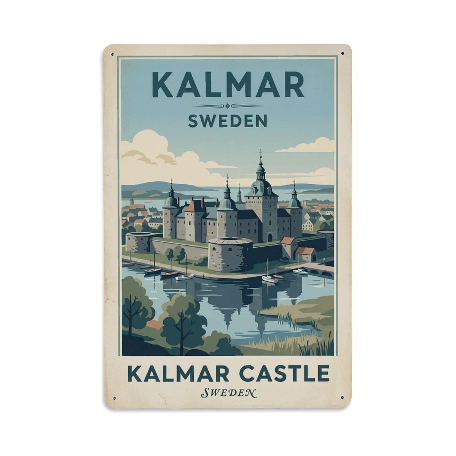Vintage Travel Kalmar Sweden Castle Metal Tin Sign