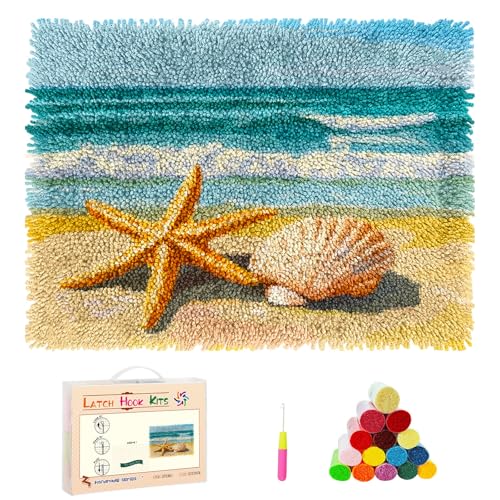 Image of DIY Rug Latch Hook Kits Seaside Beach Starfish and Shells Stamped Non-Slip Mat Crochet Yarn Hook and Latch Emboridery Tapestry for Home Floor Decoration Pet Warm Cushion 52x38cm(3)