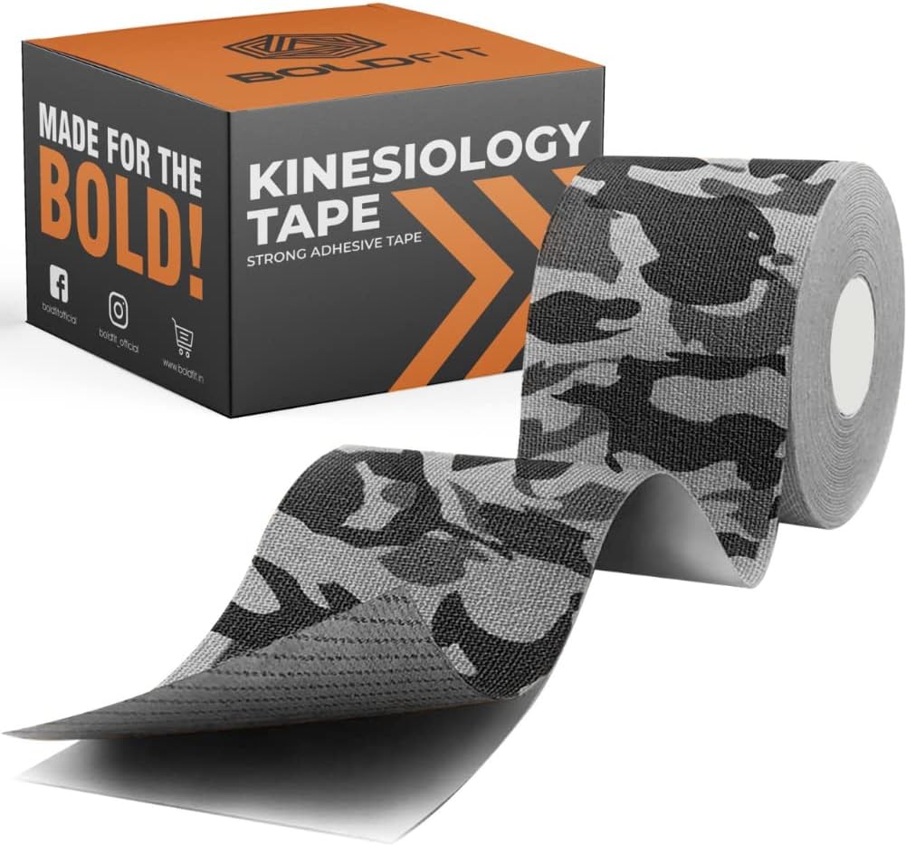 Boldfit Kinesiology Tape for Physiotherapy Kinesio Tape for Sports Injury Pain Relief Muscle Tape for Shoulder, Wings, Arms, Ankle Athletic Tape for All Body Exercise Pain Support - 2 Inch Camo Black
