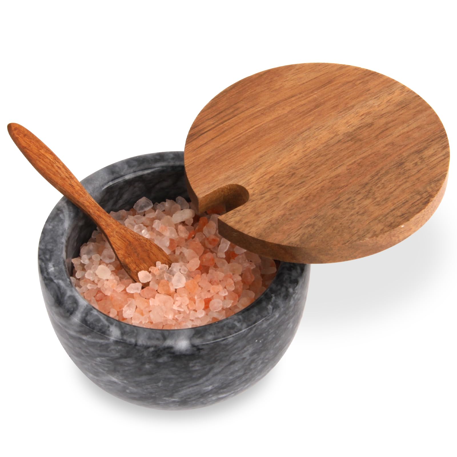 TABHOUKIT Marble Salt Cellar Box with Wood Lid Spoon, Modern White Stone Salt or Pepper Sugar Spice Seasoning Bowl Container Jar Holder Well Keeper Dish Pig Crock for Kitchen (Black Bowl)