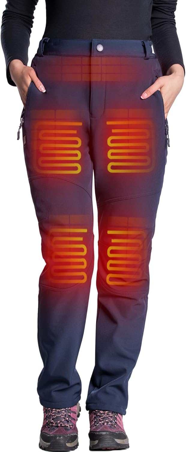 DEWBU Heated Pants for Women with 12V Battery Pack Fleece Lined Outdoor Softshell Pants Electric Heating Trousers