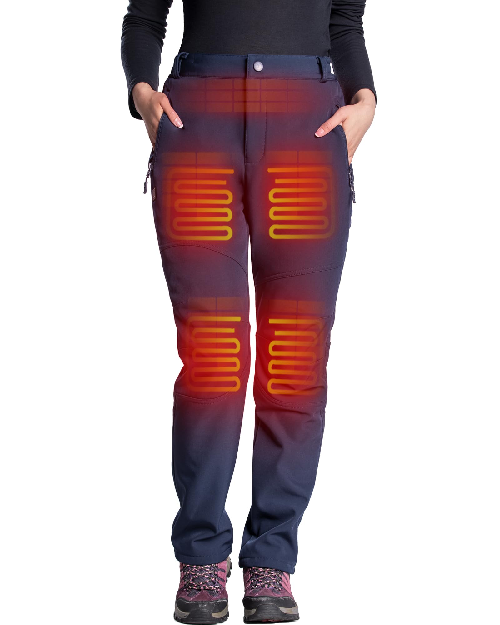 DEWBU Heated Pants for Women with 12V Battery Pack Fleece Lined Outdoor Softshell Pants Electric Heating Trousers