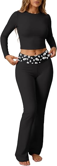 ONLYSTORY Womens 2 Piece Sets Foldover Pants Long Sleeve Crop Tops Pjs Sets