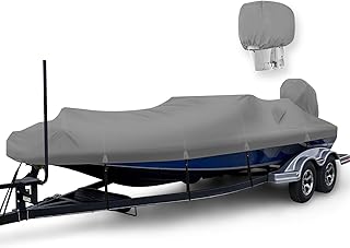 Waterproof 1200D PU Boat Cover, Heavy Duty 16'- 18.5' Marine Grade Trailerable Polyester Canvas, Fits 16-18.5ft V-Hull, Runabout, Ski, Fishing Boat, Bass Boat with Tightening Strap, Darkgray