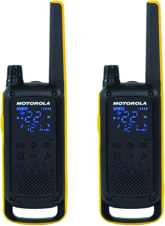 Rádios bidirecionais Motorola T470 Talkabom, de longo alcance, recarregáveis, à prova d'água, 22 canais, 80 km ao ar livre, preto, amarelo, pacote com 2