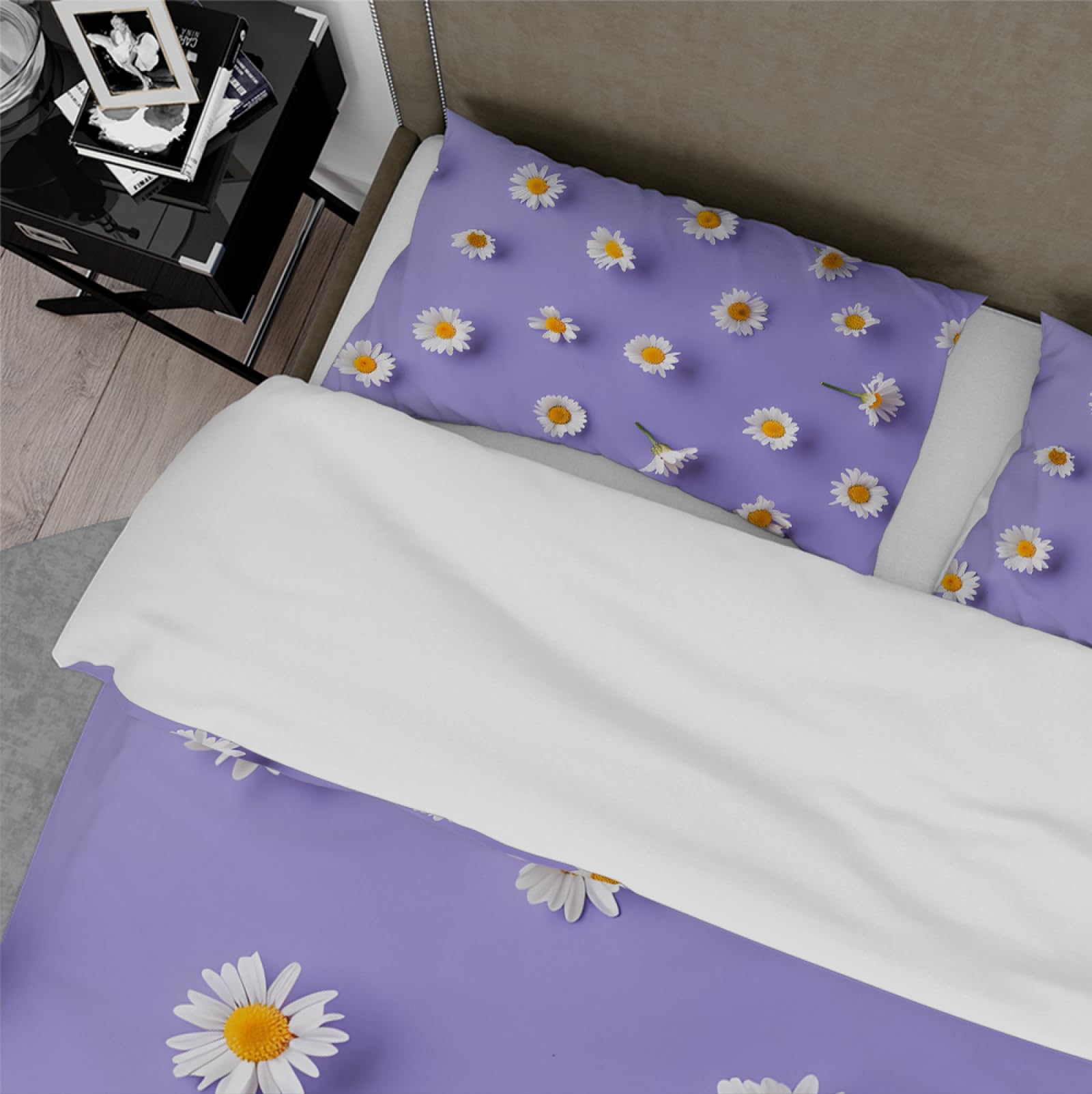 Comfort Purple Komplet pościeli, 3 sztuki, elegancka, piękna, biała, stokrotka, 2 poszewki na poduszkę na cały sezon, Home Decor 220 x 240 cm