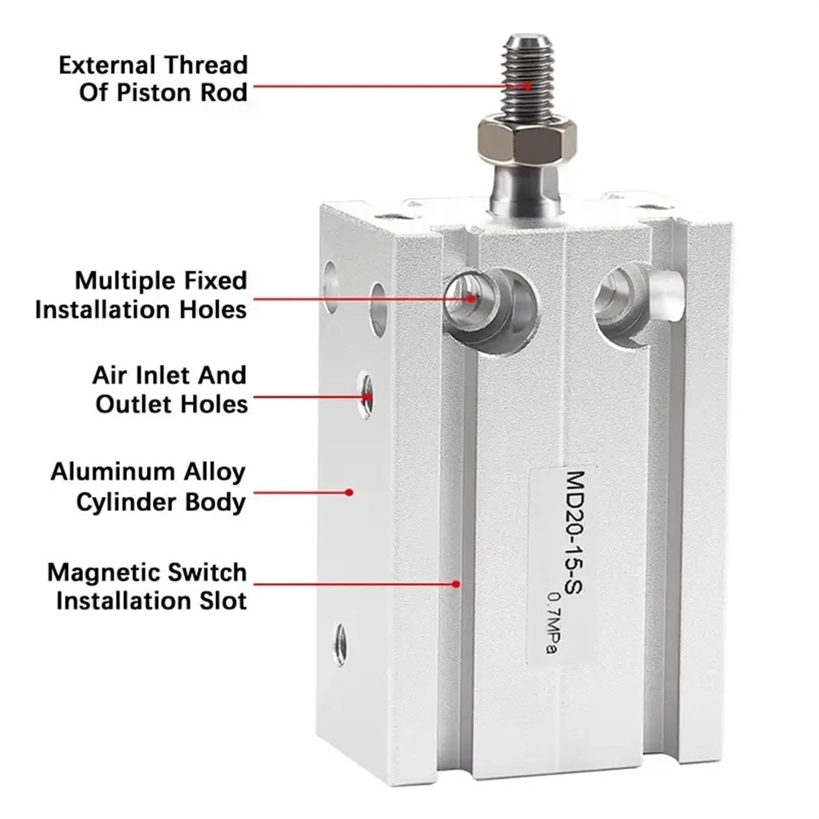 Cilindro neumático de aire MD20/25/32 de carrera de 5 a 60 mm, cilindros de montaje libre magnéticos, 1 unidad(Stroke 5mm Magnetic,MD20)