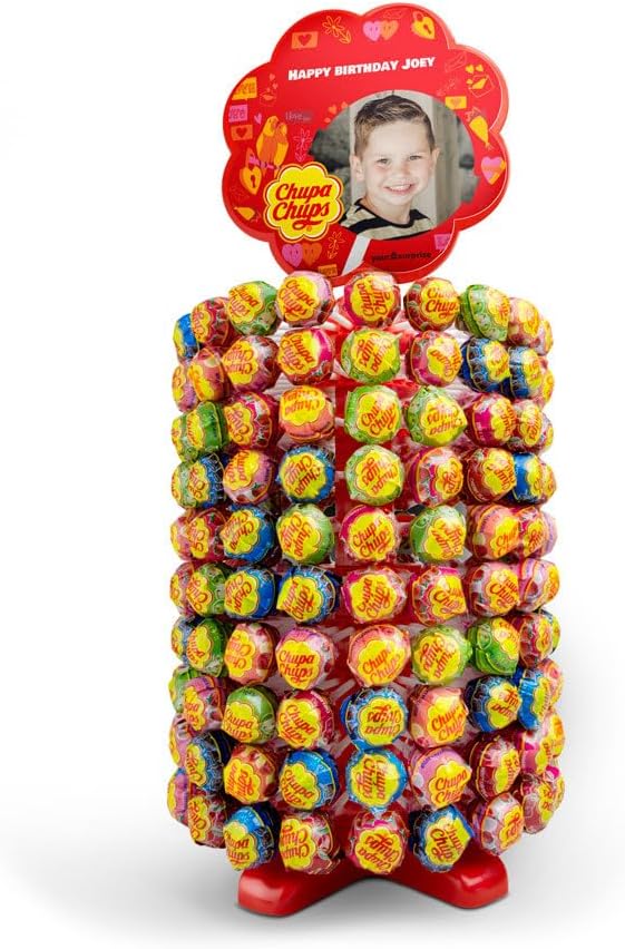 Personalised Chupa Chups Photo Tower - Personalised Chupa Chups Lollipop Tower with the Photo of Your Choice, 200 Lollipops in Various Flavours, Perfect for Parties and Sharing
