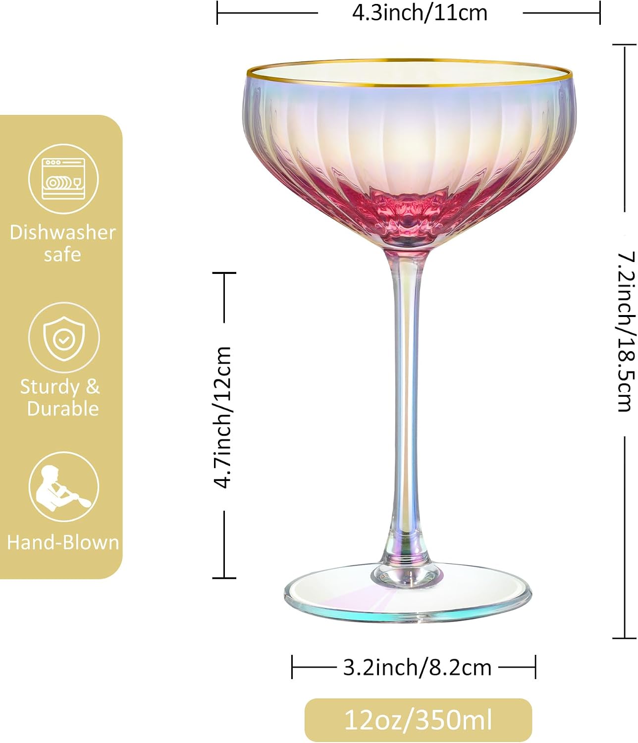 Joeyan Pink Iridescent Gold Rim Ribbed Coupe Glasses Set of 2, 12oz Hand Blown Crystal Martini Glasses with Stem, Vintage Cocktail Glass for Espresso Martini, Margarita, Champagne, Home Bar& Gift