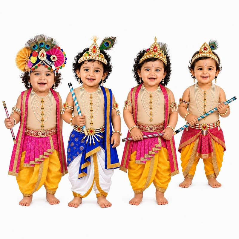 Image of Raj Fancy Dresses Luxury Krishna Pagri for Kids Boys & Girls | Bal Gopal Kanha Janmashtami Turban with 3 Mor Pankh & Pearl Work | Fancy Dress, School Function & Photoshoot Headgear | Only Pagri