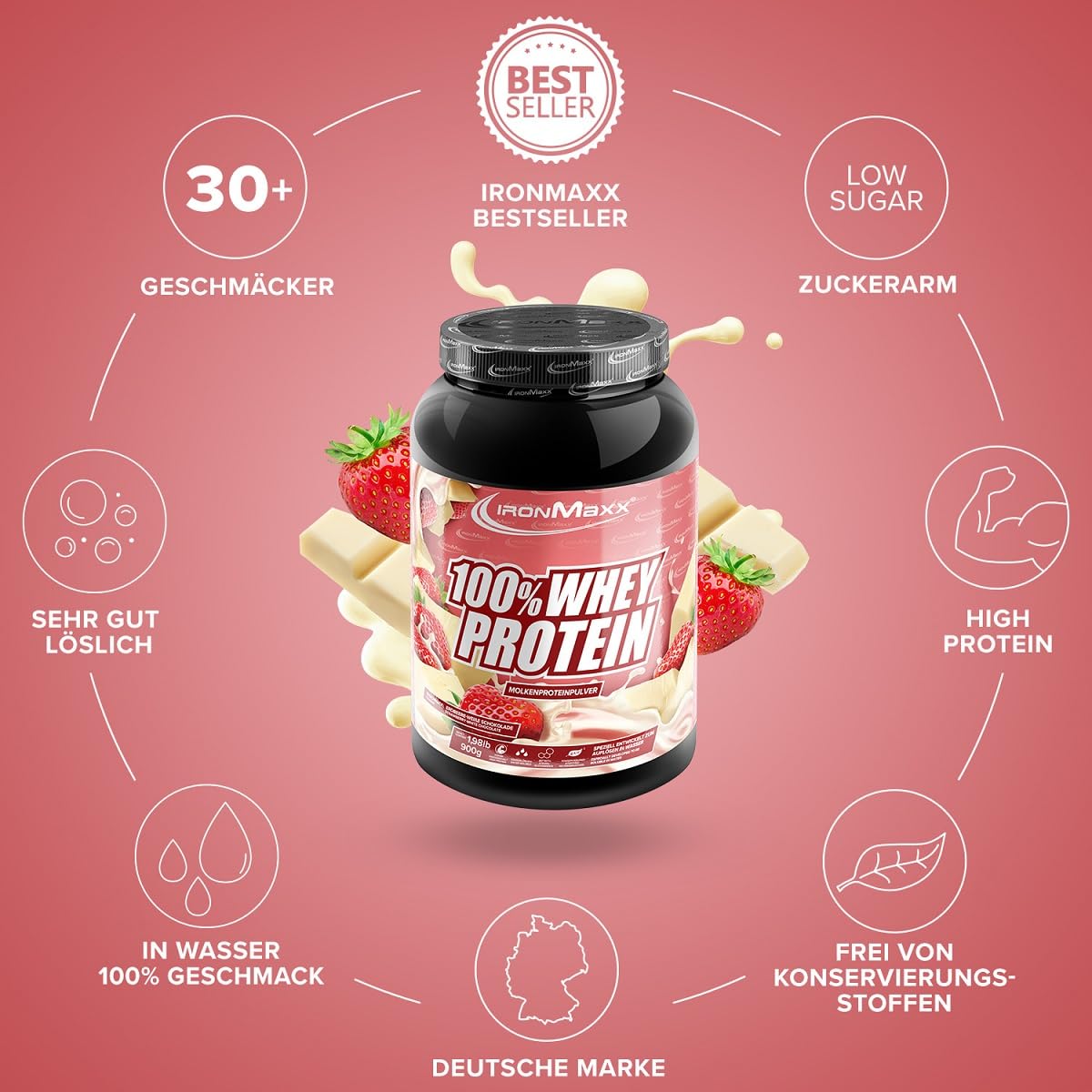 IronMaxx 100% Whey Protein Pulver 900g - Strawberry White Chocolate | Cremiger Eiweißshake mit BCAAs & EAAs | High Protein, Low Carb & zuckerarm | Ideal für Muskelaufbau & Fitness