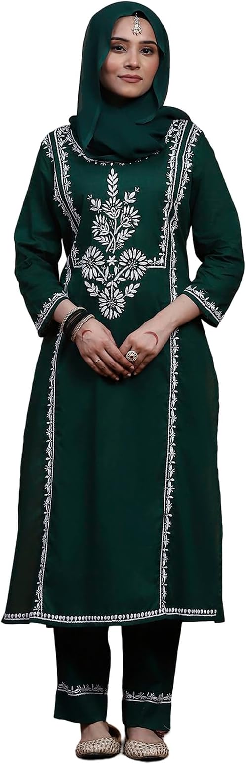 Cotton Chikankari Solid Women's 2PC Long Kurta Set - Green|Chikankari | Chikankari Kurta Set Lucknowi Chikankari Kurta Sets for Women (HC-12325-WKSS667-1)