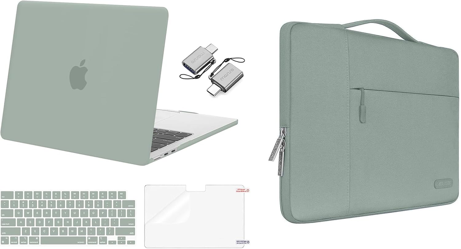 MOSISO Compatible with MacBook Air 13.6 inch Case 2022 2023 2024 Release M3 A3113 M2 A2681, Plastic Hard Shell Case&Keyboard Cover&Screen Protector&Type C Adapter 2 Pack&Polyester Bag, Antique Green