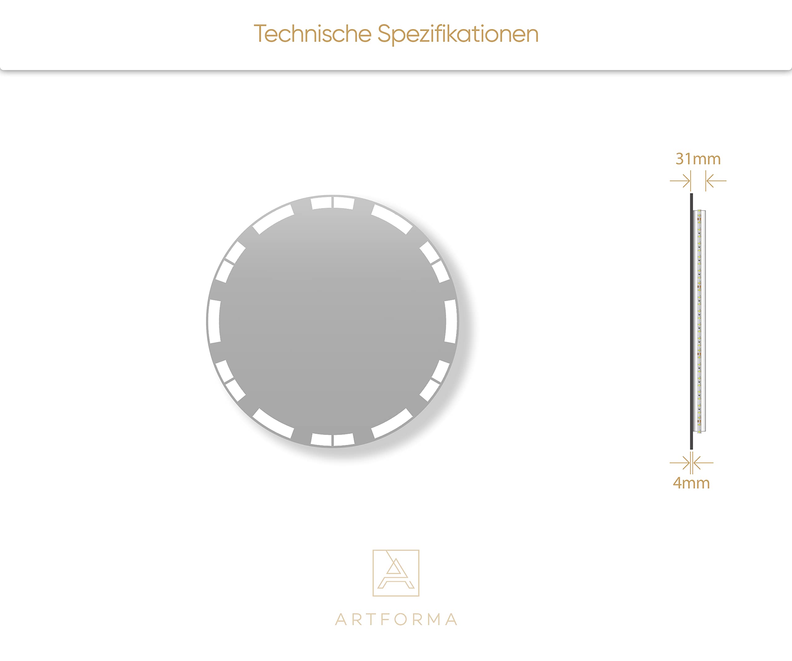 FORAM Badspiegel mit Beleuchtung - Spiegel Rund - 65x65 - Wandspiegel Nach Maß - Runder Spiegel auf Individuelle Bestellung Gefertigt - Modernes Design - Ohne Rahmen