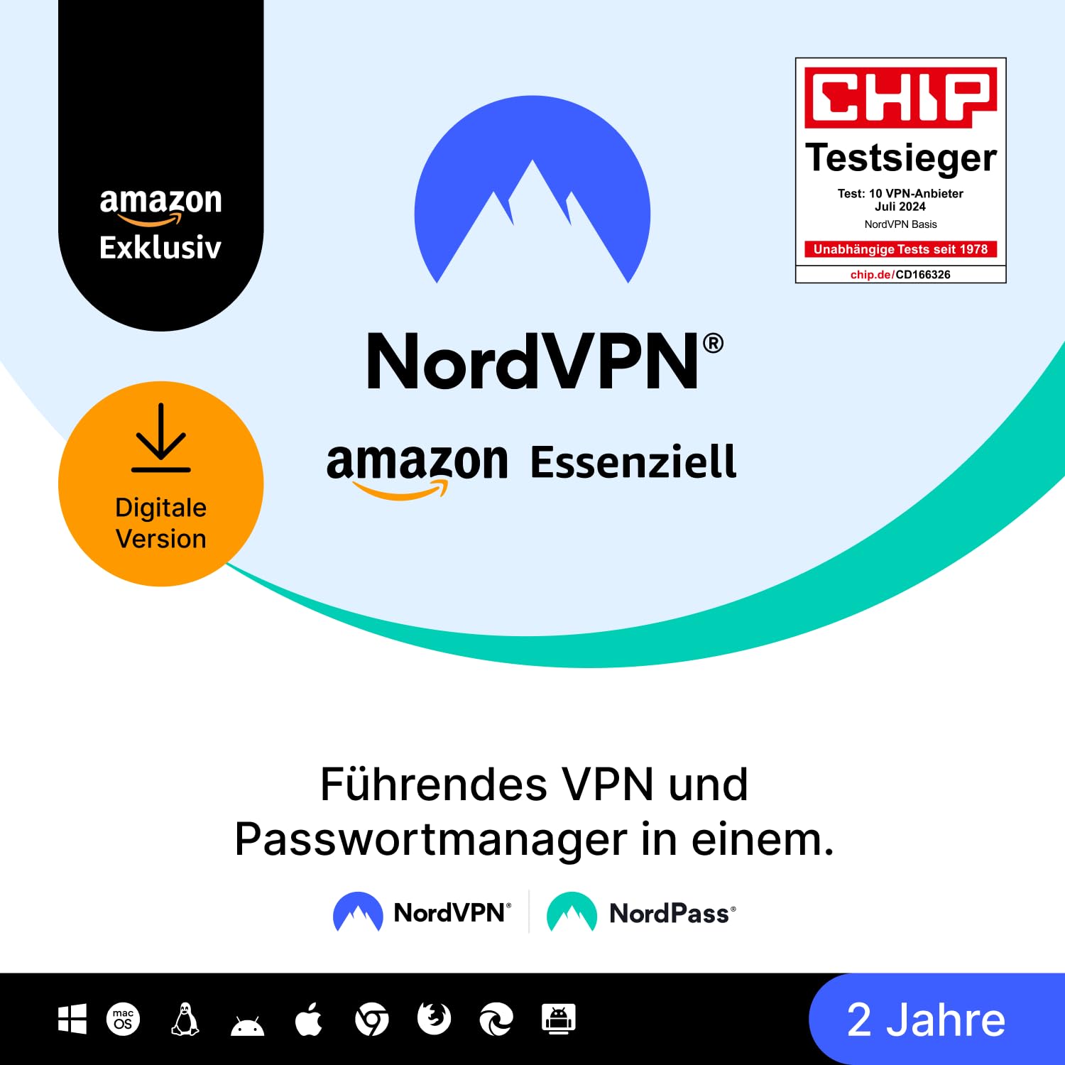 NordVPN Amazon Essenziell, 10 Geräte, 2 Jahre, VPN & Passwort-Manager, Digital-Code