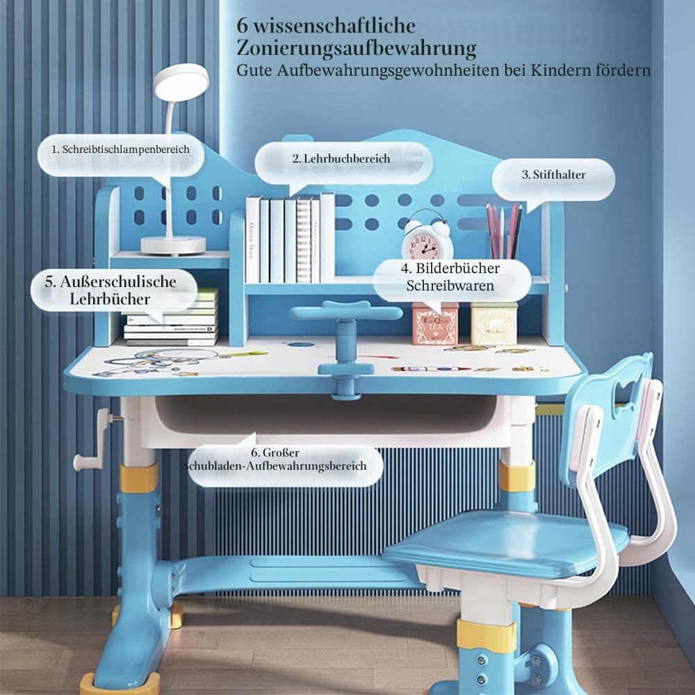 Kinder-Schreibtisch- und Stuhl-Set, höhenverstellbar, Kinderstudiertisch mit Schublade, Bücherregal, Kindersitztisch für Jungen, Mädchen, Schule, Zuhause, Arbeitszimmer (Space Blue)