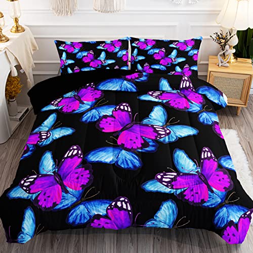 Bsntho Purple Blue Butterfly Comforter Set Full Size 3 Pieces Flying Butterfly Pattern Bedding Set Lightweight Ultra Soft Microfiber #TOP4