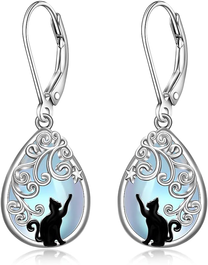 Cat Earrings Moonstone Filigree Earrings for Women Sterling Silver Teardrop Moonstone Black Cat Earring Dangle Cats Jewelry Cute Valentines Christmas Gifts