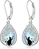 Cat Earrings Moonstone Filigree Earrings for Women Sterling Silver Teardrop Moonstone Black Cat Earring Dangle Cats Jewelry Cute Valentines Christmas Gifts