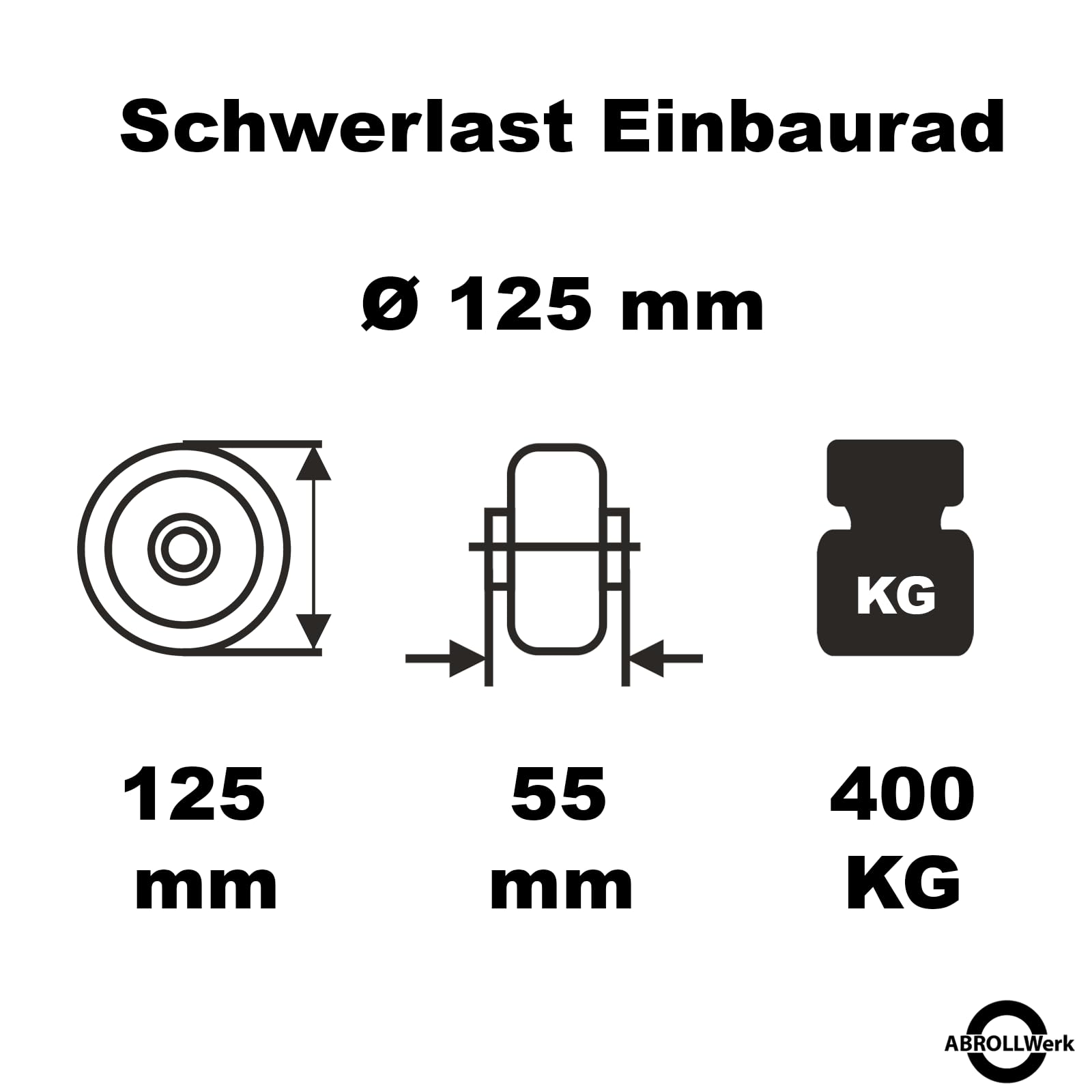 Lot de 2 roues encastrables pour charges lourdes Ø 125 mm avec jante en aluminium et surface de roulement en polyuréthane – Charge maximale 400 kg par roue – Double roulement à billes – Qualité