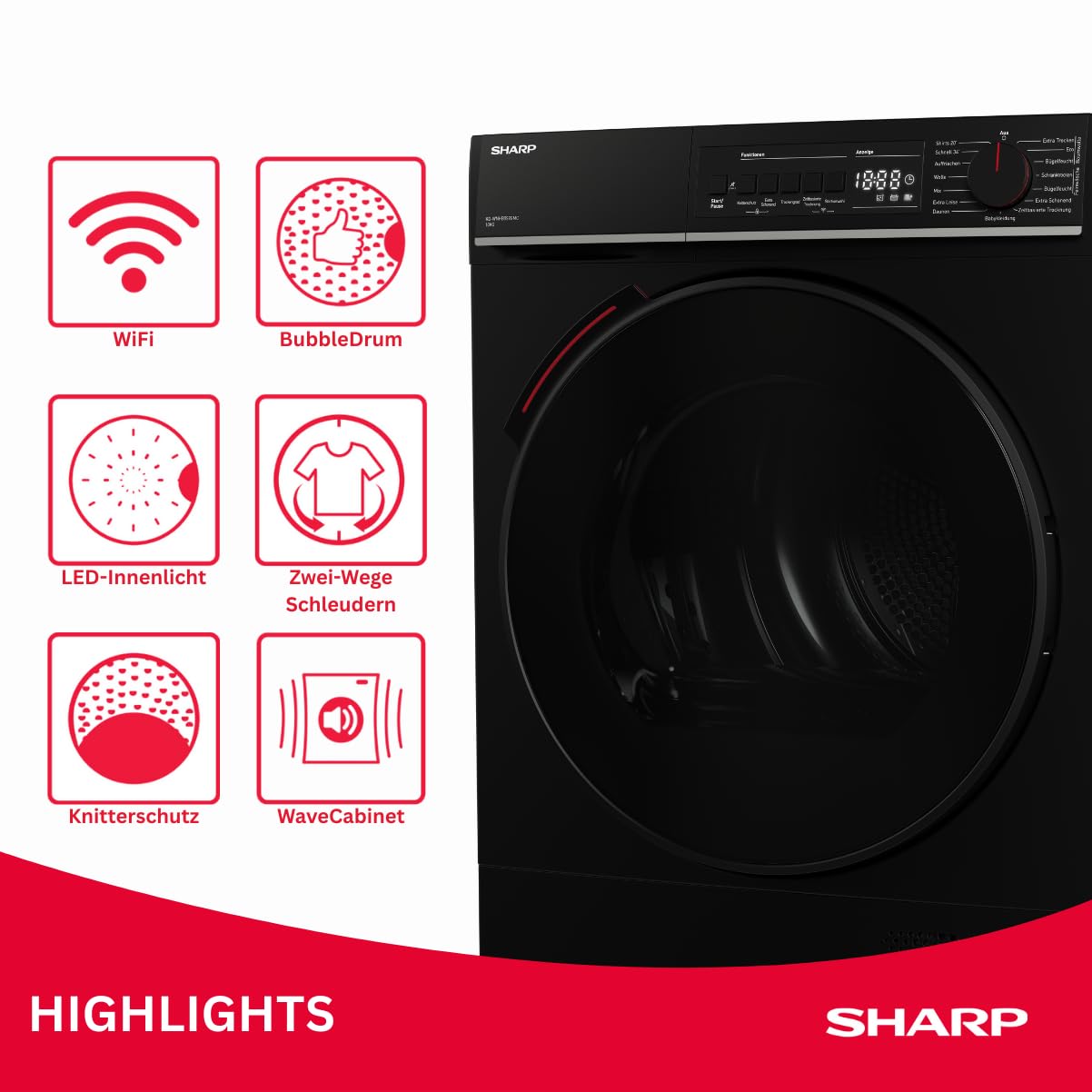 SHARP KD-WNHB0S9GMC-DE Wärmepumpentrockner (10 kg, EEK C), (15 Trockenprogramme, 20 Min. Kurzprogramm, WiFi, Edelstahltrommel mit LED-Beleuchtung), Mattschwarz