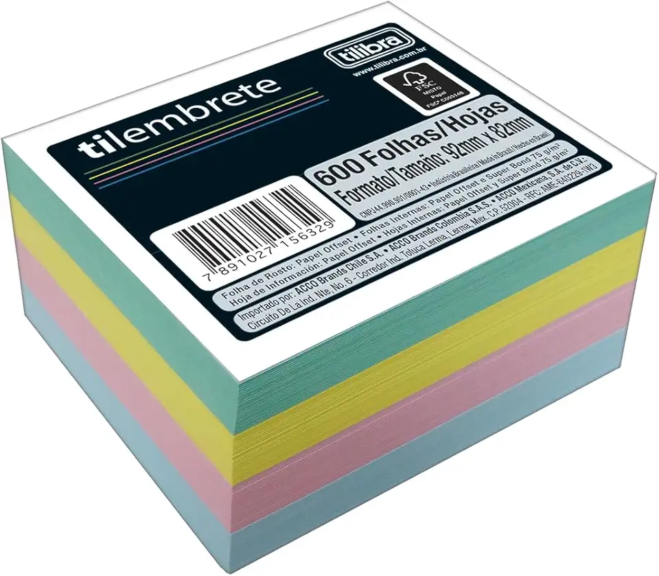 Tilibra - Bloco Tilembrete 92x82mm 600 Folhas 5 Cores - 1 un