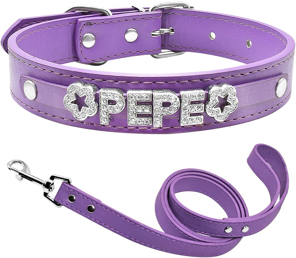 Personalized PU Leather Dog Collar with Bling Name,Custom Sparkling Rhinestone Name Dog Collar and Leash Set for Small Medium and Large Dogs(L,Purple Set)