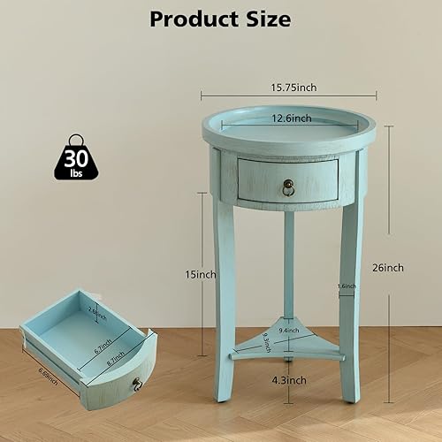 Miniatura 2 de Mesita de noche redonda con cajón, mesita de noche azul vintage con estante, mesa auxiliar pequeña rústica con almacenamiento para dormitorio, sala