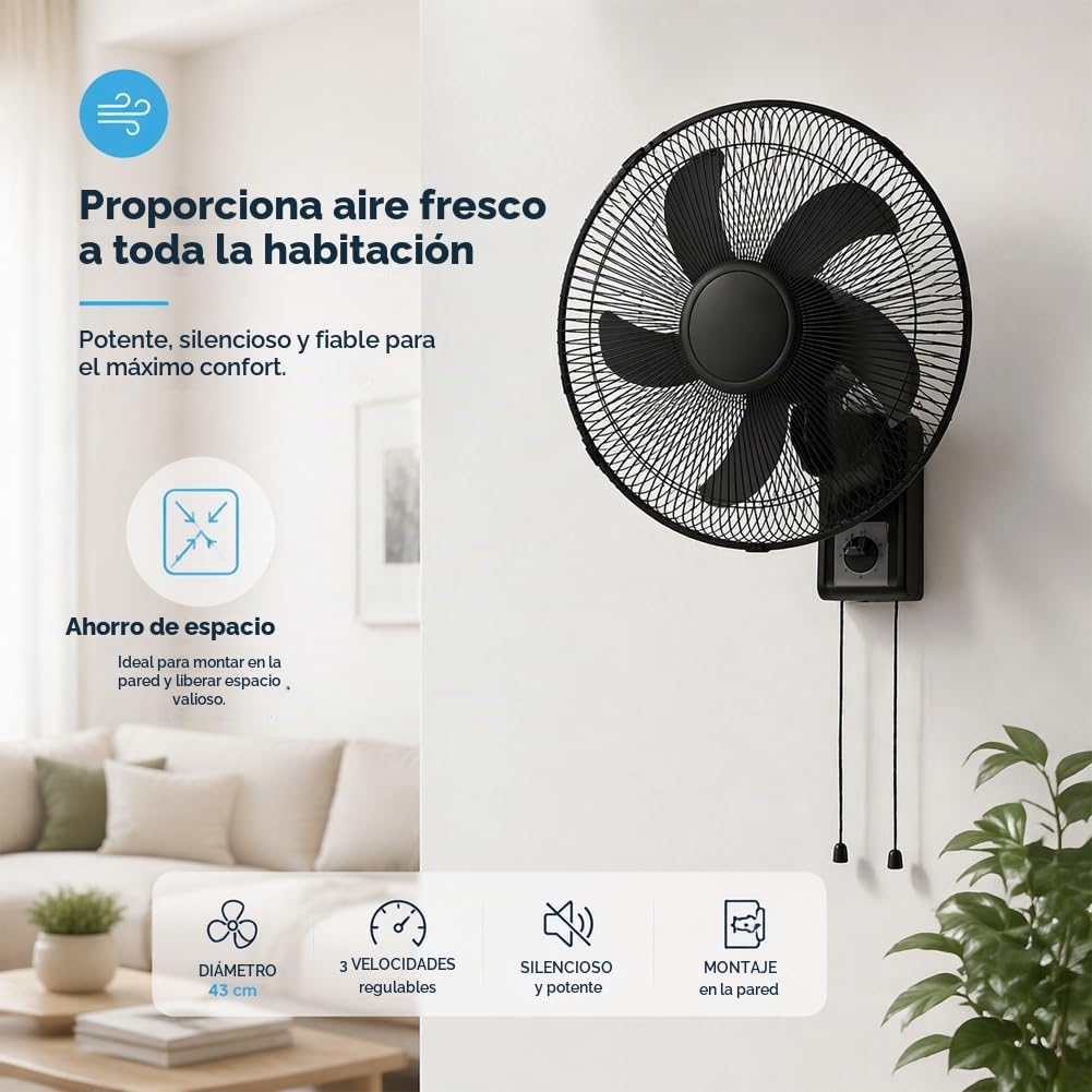 BAKAJI Ventilador de pared con rejilla de 43 cm, 3 niveles de velocidad seleccionables, 5 aspas, 65 W de potencia con oscilación lateral automática