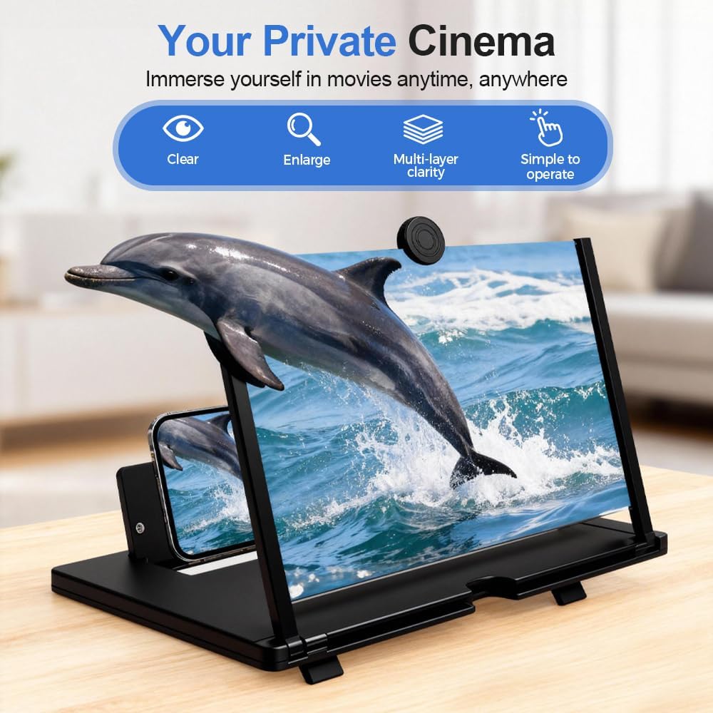 Mobile Phone Magnifier Screen, Screen Magnifier for Cell Phone, 2026 New HD Screen Expander, Portable 3D Magnifying Screen for Elderly, Foldable Stand with Movie Amplifier for Travel (Black, 10 Inch)