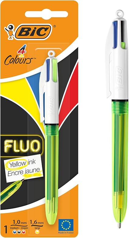 BIC 4 colores Fluo bolígrafos Retráctiles - Tinta Negra, Azul, Rojo y Amarillo Fluorescente, Blíster de 1 Unidad