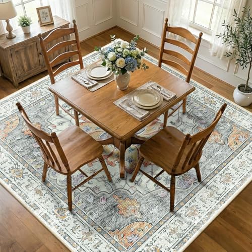 RELEANY Washable Area Rug, Square 7'x7', Beige/Carbon Grey/Orange