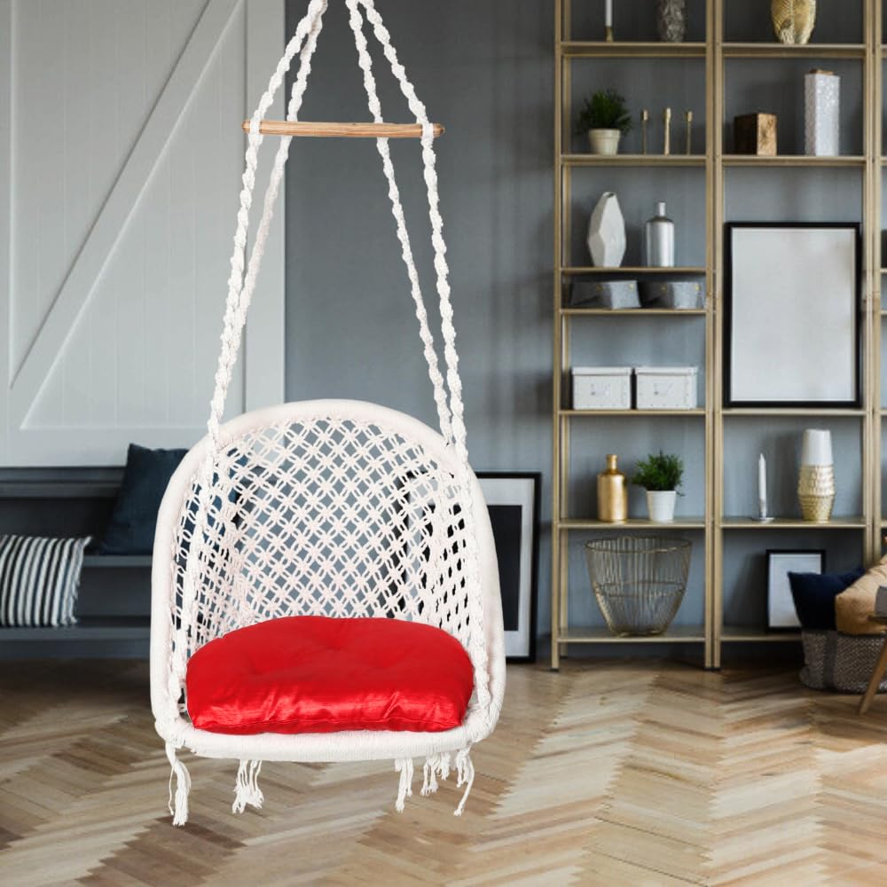 Patiofy D Shape Swing Chair/Swing for Adults & Kids/Swing for Balcony/Swing Chair for Adults for Home/Jhula for Adults/Swing for Indoor/Includes Hanging Kit and Red Sitting Cushion-White-image-20