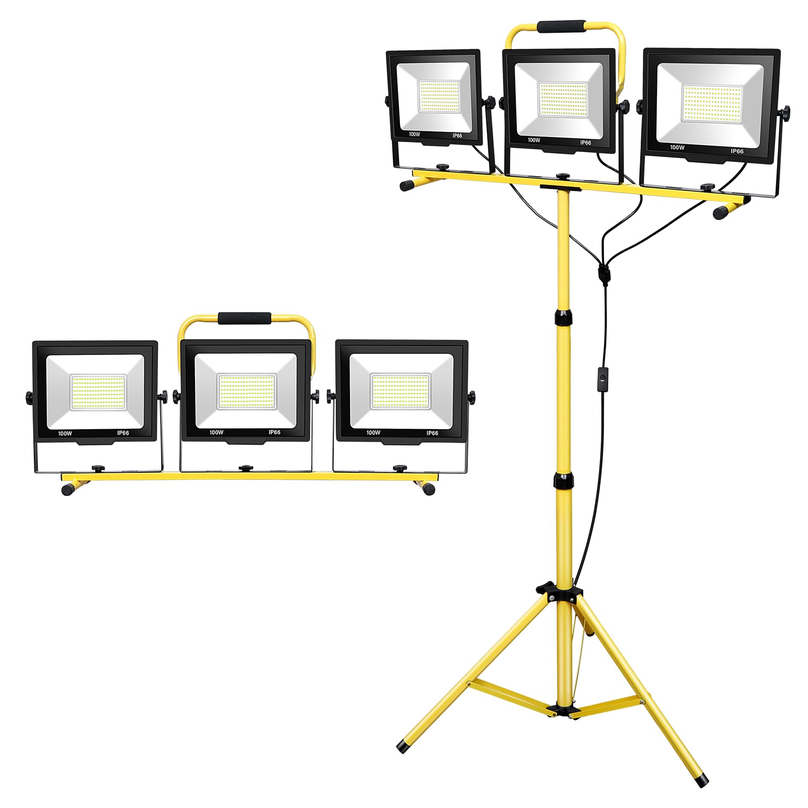 SKYWORLD 3*100W Foco LED con trípode telescópico,30000LM Luz de trabajo portátil con enchufe,6000K Foco LED para Obras con 360°Giratorio, 5M Cable para Obras de Construcción en Interiores y Exteriores