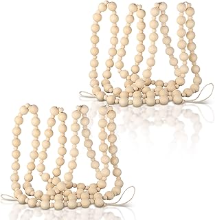 2 Pcs/ 14.4 Feet Christmas Wooden Beads Garland Xmas Wooden Tree Beads Rustic Round Craft Decorative Christmas Tree Farmhouse Decor Boho Vintage Garland for Decoration Supplies(Wood)