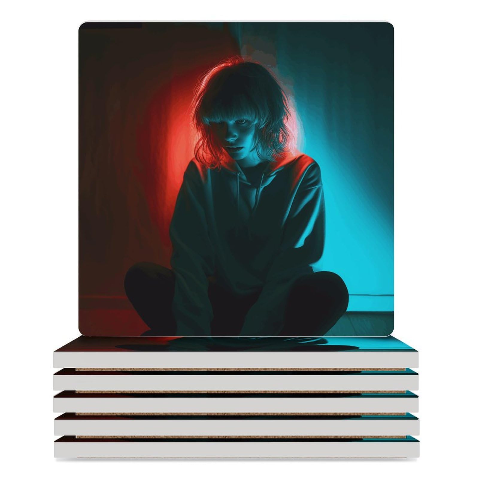 6 posavasos cuadrados de cerámica para bebidas sentado en la habitación oscura, posavasos impresos para el hogar y el café, regalos de cumpleaños, adecuados para tipos de tazas