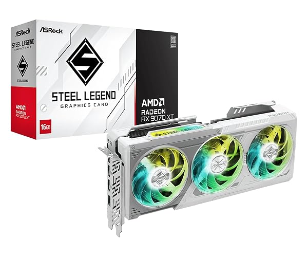 ASRock AMD Radeon RX 9070 XT Steel Legend 16GB White GPU 20Gbps GDDR6 256Bit (3rd Gen RT 2nd Gen AI Accelerators) PCIe5.0 800W 2x8-pin Triple Fan DP2.1a HDMI2.1b Graphics Card 2.9 Slot