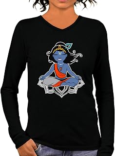 Pooplu Women's Regular Fit Krishna Yoga Cotton Graphic Printed V Neck Full Sleeves Multicolour Yoga Tshirt. Yoga, Gym, Exe... Price In India