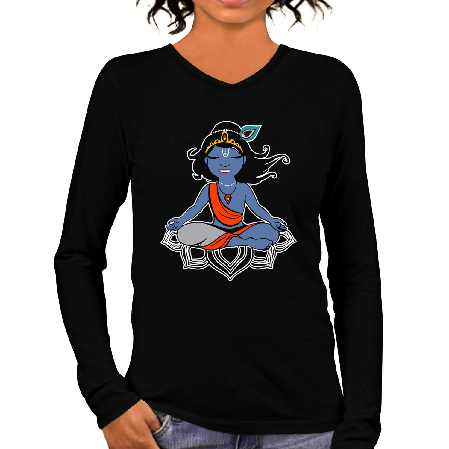 Pooplu Women's Regular Fit Krishna Yoga Cotton Graphic Printed V Neck Full Sleeves Multicolour Yoga Tshirt. Yoga, Gym, Exe...