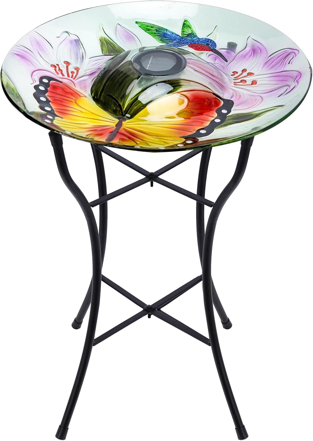 MUMTOP Glass Bird Baths for Outside, 16 Inch Width Outdoor Garden Hummingbird Butterfly Bird Bath Bowl with Solar Light and Metal Stand, Large Glass Birdbath Bird Feeder for Yard Decor, 20 Inch Height