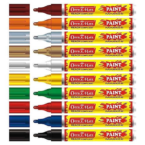 Image of Soni Officemate Regular Paint Marker | Pack of 10 (Mix) | Multi-Surface | Non-Toxic, Oil-Based | 4.5 mm Tip | For Hobbyists, Artists, Students