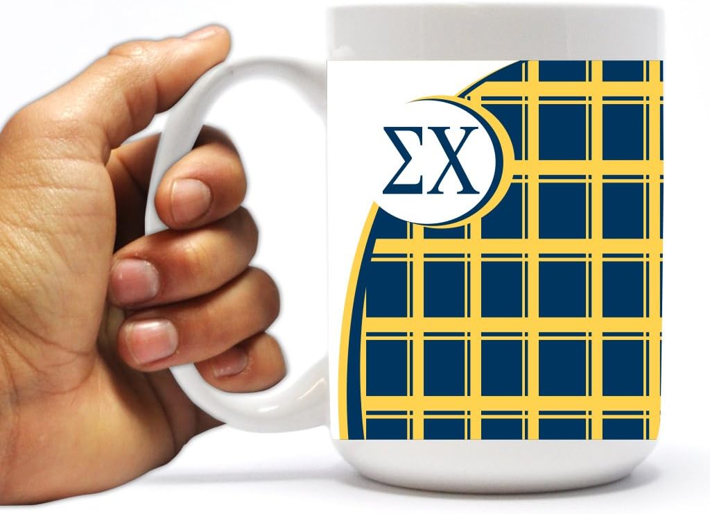VictoryStore Ceramic Mugs - Sigma Chi, Yellow and Navy Blue Plaid Coffee Mug, 15 ounces