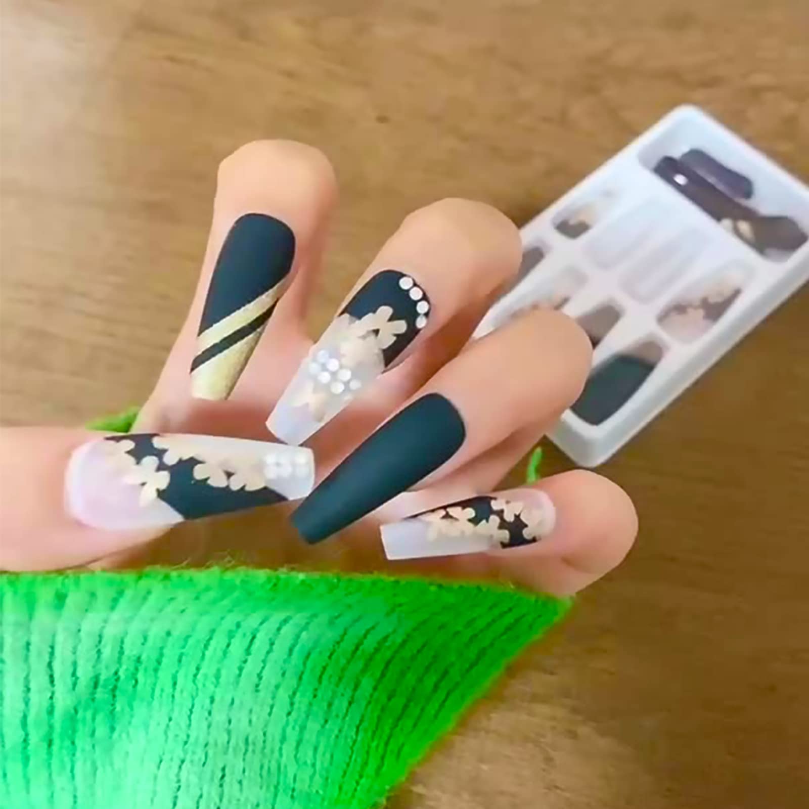 Amazon.com: YOSOMK Charms Glitter Long Press on Nails with Designs Black  Butterfly False Fake Nails Acrylic Nails Press On Coffin Artificial Nails  for Women Stick on Nails With Glue on nails :