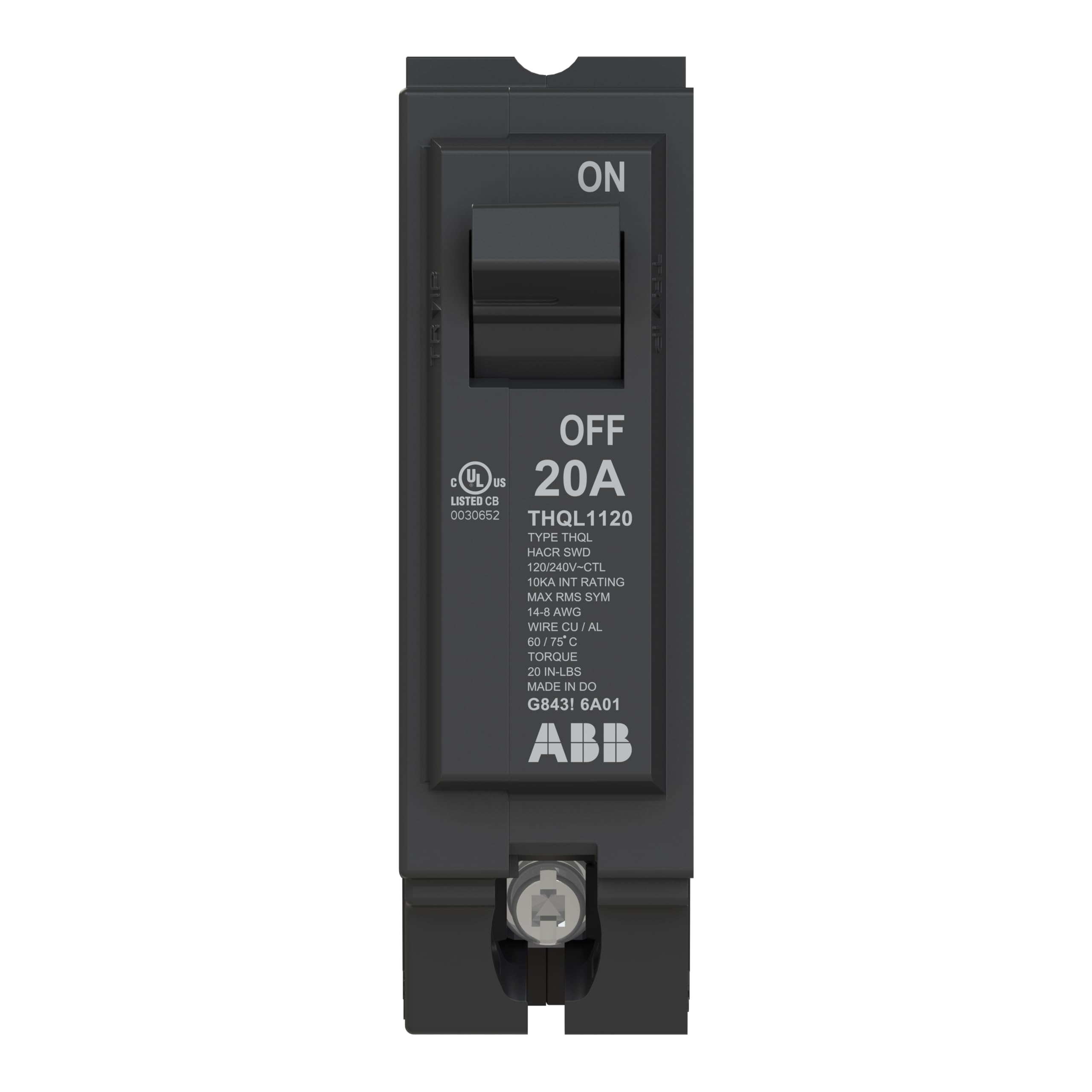 abb q-line® thql1120 circuit breaker • 20 amp single-pole breaker • 120/240 vac • 10 kaic interrupt rating • thermal magnetic plug-on breaker for load centers